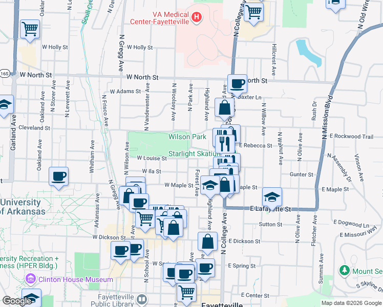 map of restaurants, bars, coffee shops, grocery stores, and more near 630 North Park Avenue in Fayetteville