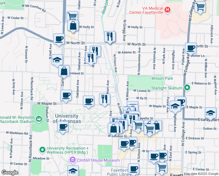 map of restaurants, bars, coffee shops, grocery stores, and more near 604 Whitham Avenue in Fayetteville