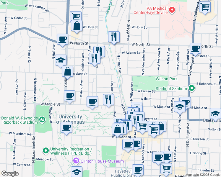 map of restaurants, bars, coffee shops, grocery stores, and more near 604 Whitham Avenue in Fayetteville