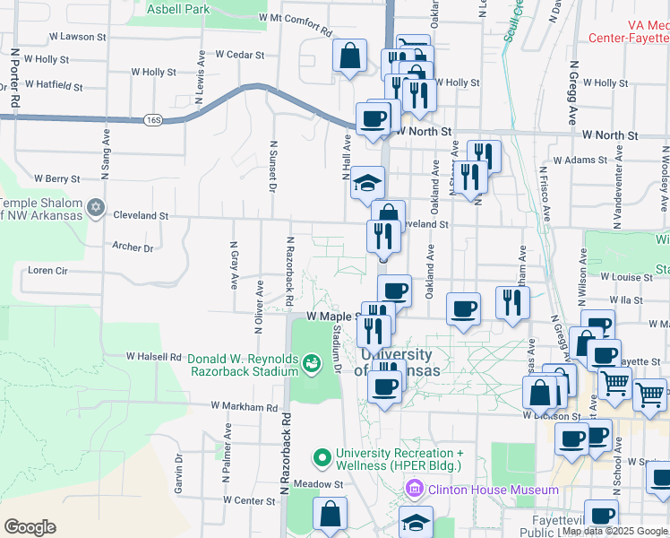 map of restaurants, bars, coffee shops, grocery stores, and more near in Fayetteville