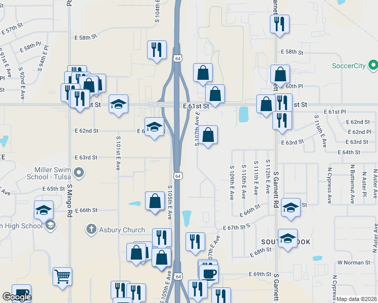 map of restaurants, bars, coffee shops, grocery stores, and more near 6304 South 107th East Avenue in Tulsa