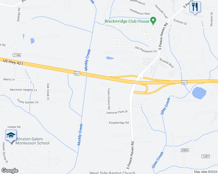 map of restaurants, bars, coffee shops, grocery stores, and more near 181 Tudor Downs Road in Winston-Salem