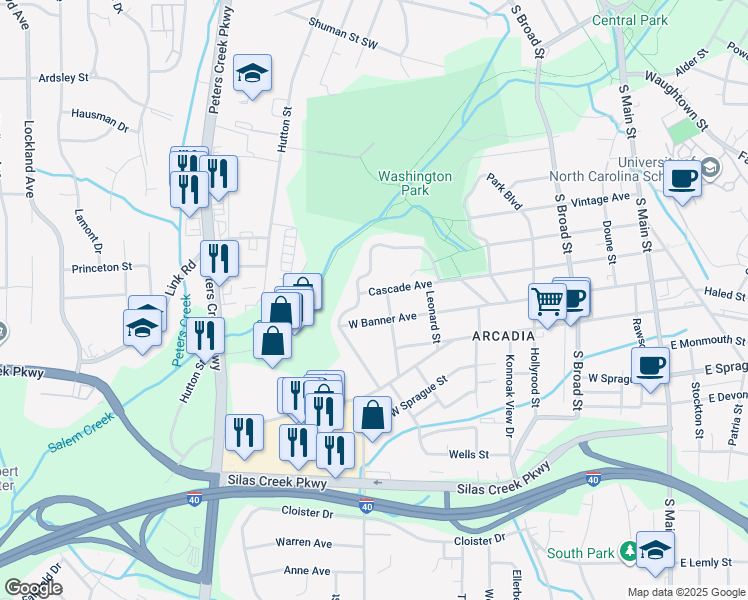 map of restaurants, bars, coffee shops, grocery stores, and more near 712 Cascade Avenue in Winston-Salem