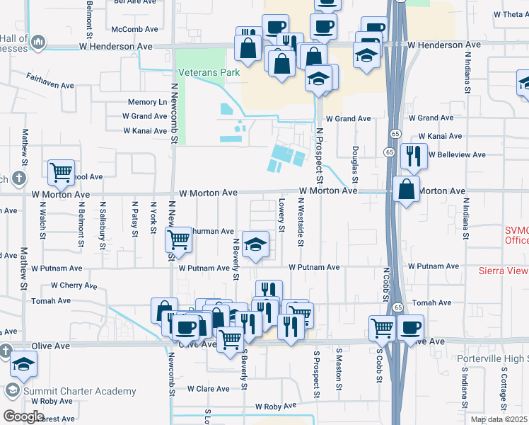 map of restaurants, bars, coffee shops, grocery stores, and more near 1343 West Morton Avenue in Porterville