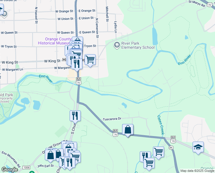 map of restaurants, bars, coffee shops, grocery stores, and more near 203 South Cameron Street in Hillsborough