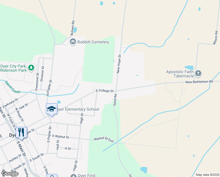 map of restaurants, bars, coffee shops, grocery stores, and more near 534 E College St in Dyer