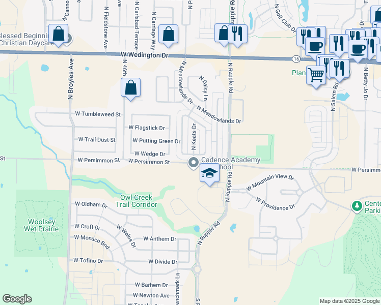 map of restaurants, bars, coffee shops, grocery stores, and more near 4231 West Marlowe Lane in Fayetteville
