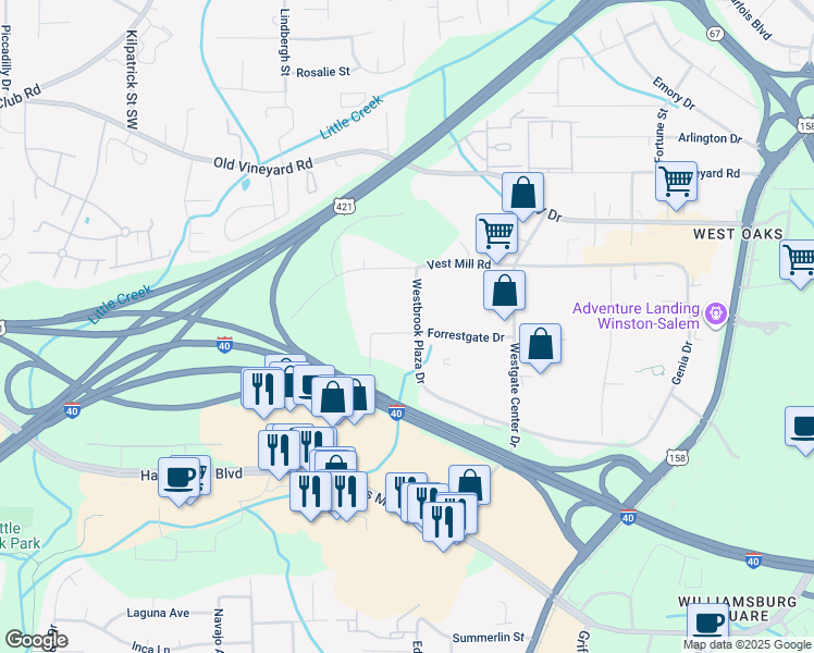 map of restaurants, bars, coffee shops, grocery stores, and more near 1354 Westbrook Plaza Drive in Winston-Salem