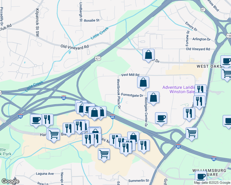 map of restaurants, bars, coffee shops, grocery stores, and more near 1354 Westbrook Plaza Drive in Winston-Salem