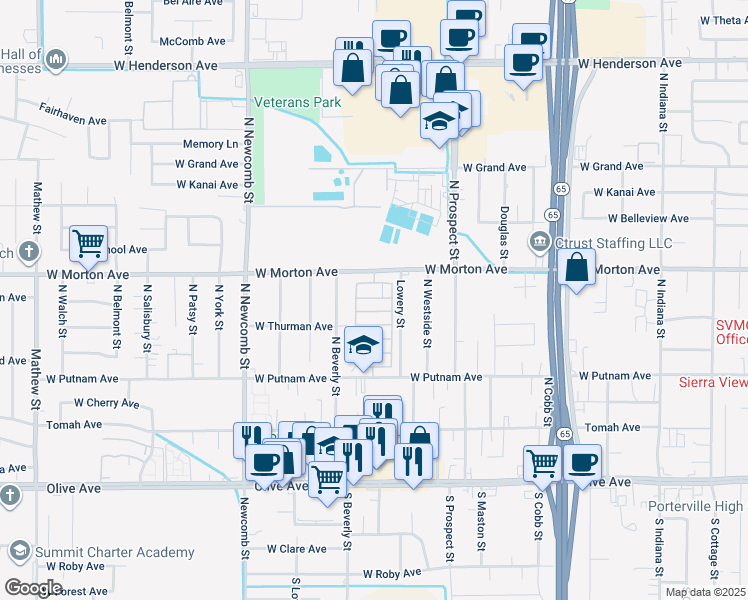 map of restaurants, bars, coffee shops, grocery stores, and more near 1343 West Morton Avenue in Porterville
