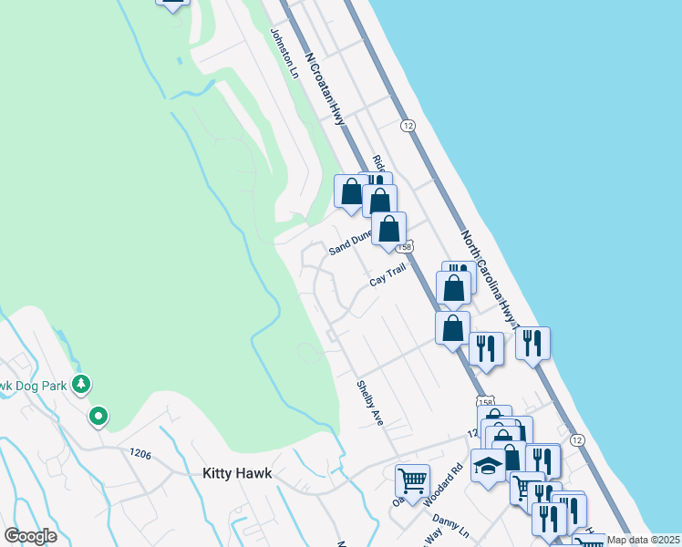 map of restaurants, bars, coffee shops, grocery stores, and more near 1104 Swordfish Way in Kitty Hawk