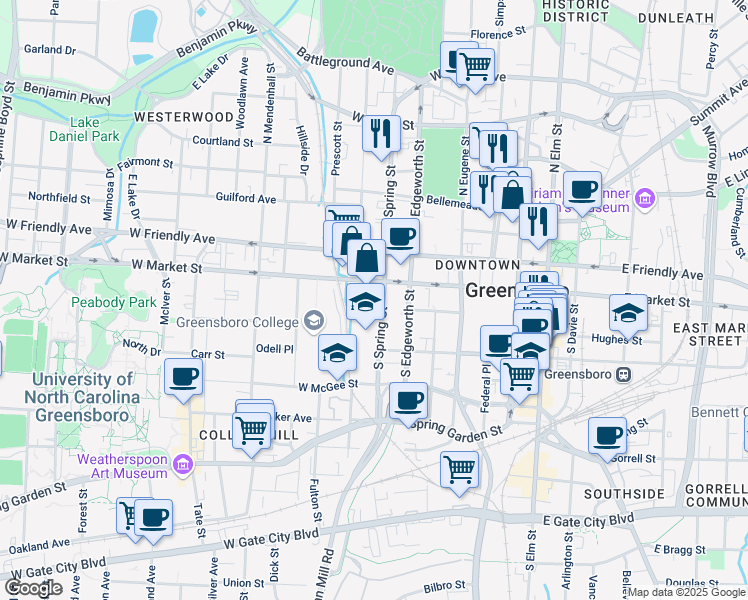 map of restaurants, bars, coffee shops, grocery stores, and more near 605 West Market Street in Greensboro