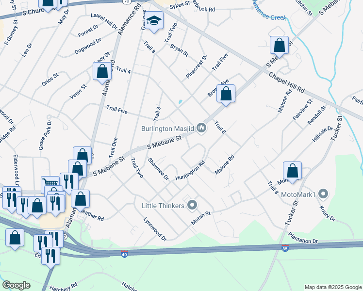 map of restaurants, bars, coffee shops, grocery stores, and more near 2012 South Mebane Street in Burlington