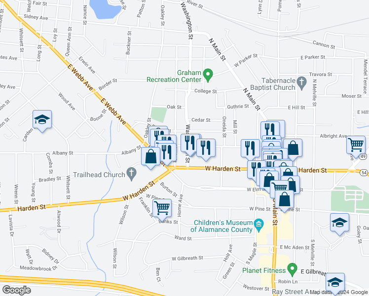map of restaurants, bars, coffee shops, grocery stores, and more near 220 Washington Street in Graham