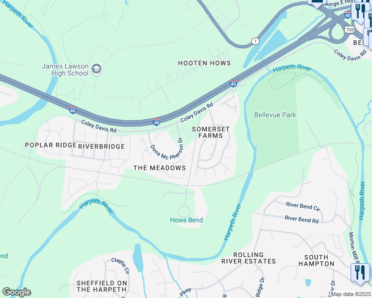map of restaurants, bars, coffee shops, grocery stores, and more near 605 Birch Glen Court in Nashville