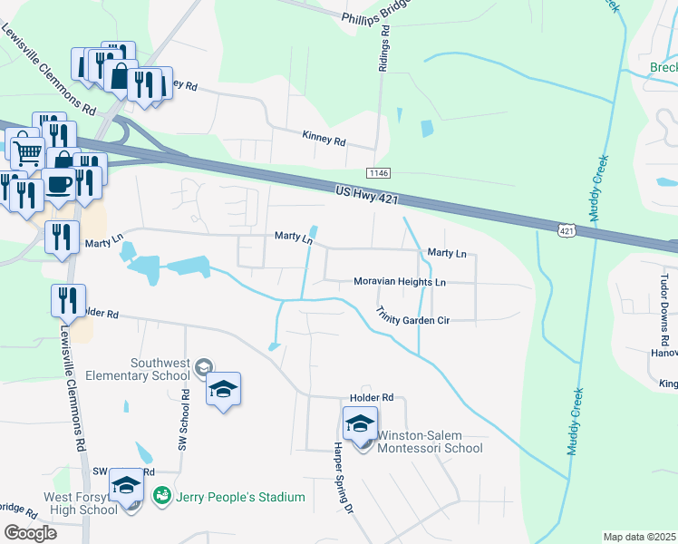 map of restaurants, bars, coffee shops, grocery stores, and more near 5553 Moravian Heights Lane in Clemmons