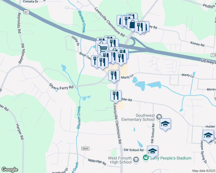 map of restaurants, bars, coffee shops, grocery stores, and more near 1532 Lewisville Clemmons Road in Clemmons