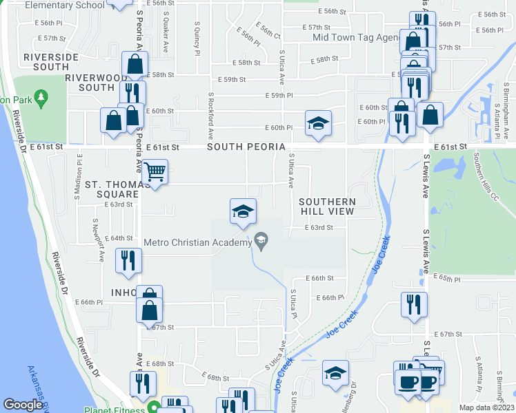 map of restaurants, bars, coffee shops, grocery stores, and more near 1610 East 63rd Street in Tulsa