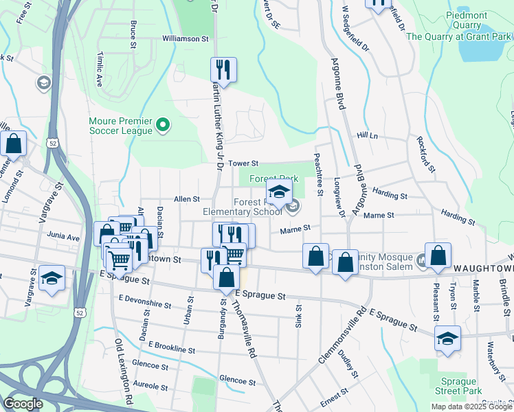map of restaurants, bars, coffee shops, grocery stores, and more near 1925 Bertha Street in Winston-Salem