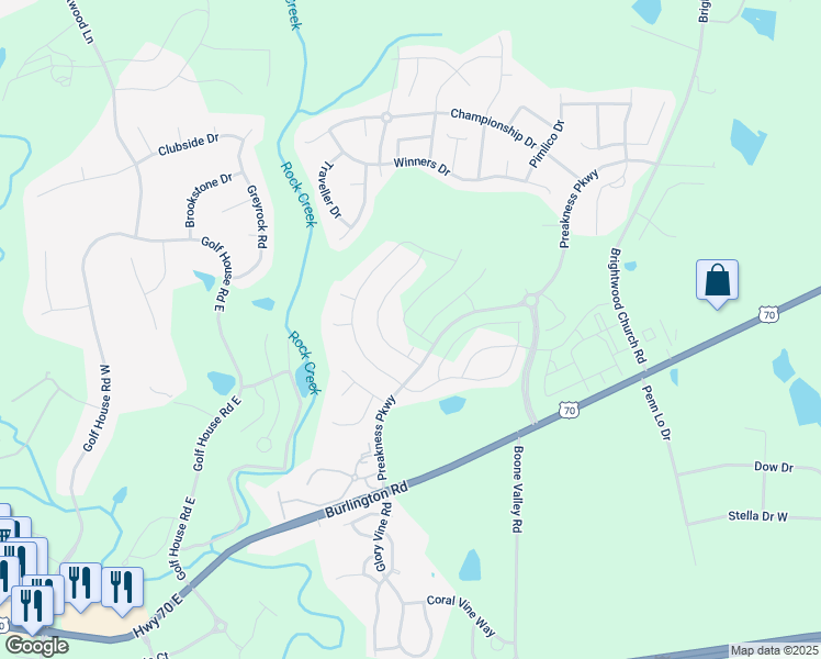 map of restaurants, bars, coffee shops, grocery stores, and more near 668 Palomino Mustang Drive in Whitsett