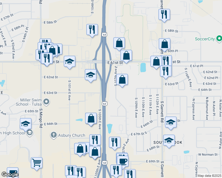map of restaurants, bars, coffee shops, grocery stores, and more near 6304 South 107th East Avenue in Tulsa