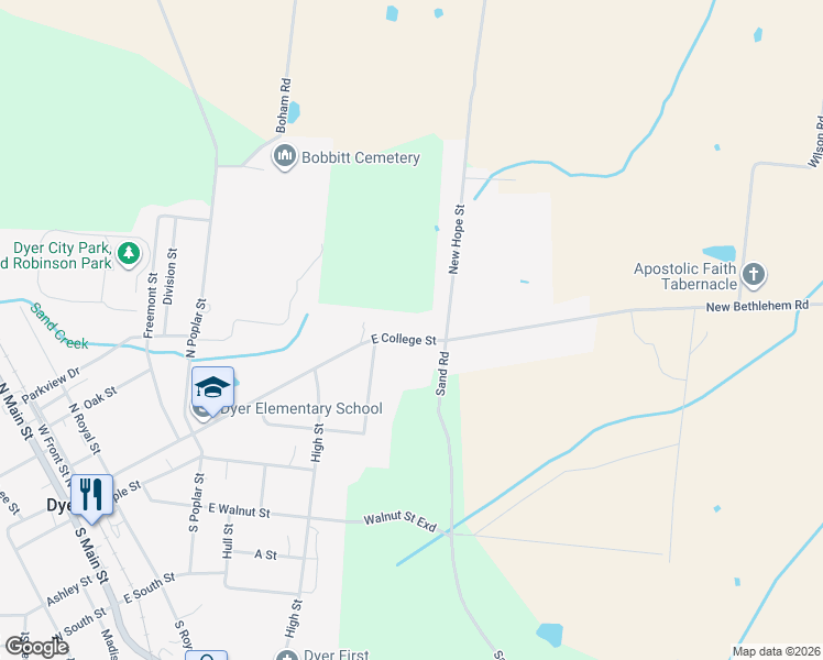 map of restaurants, bars, coffee shops, grocery stores, and more near 534 East College Street in Dyer