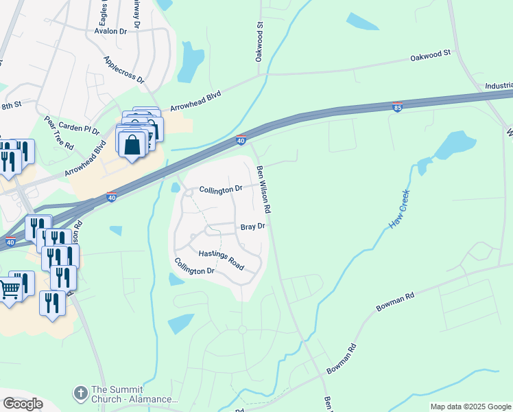 map of restaurants, bars, coffee shops, grocery stores, and more near 211 Norwood Court South in Mebane