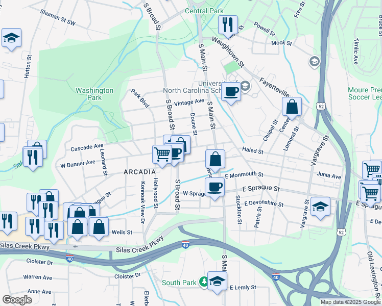 map of restaurants, bars, coffee shops, grocery stores, and more near 110 West Banner Avenue in Winston-Salem