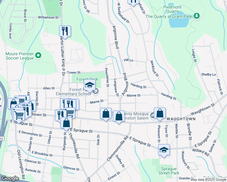map of restaurants, bars, coffee shops, grocery stores, and more near 1743 Longview Drive in Winston-Salem