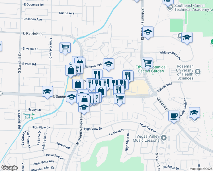 map of restaurants, bars, coffee shops, grocery stores, and more near 4350 Sunset Road in Henderson