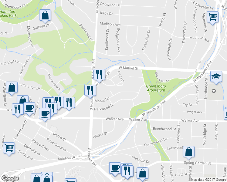 map of restaurants, bars, coffee shops, grocery stores, and more near 105 Manor Court in Greensboro