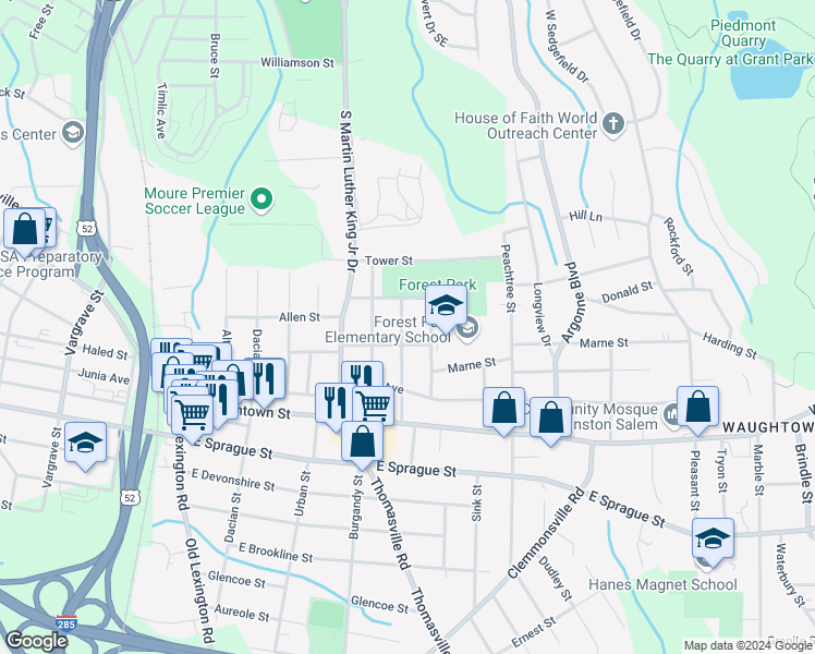 map of restaurants, bars, coffee shops, grocery stores, and more near 1925 Bertha Street in Winston-Salem