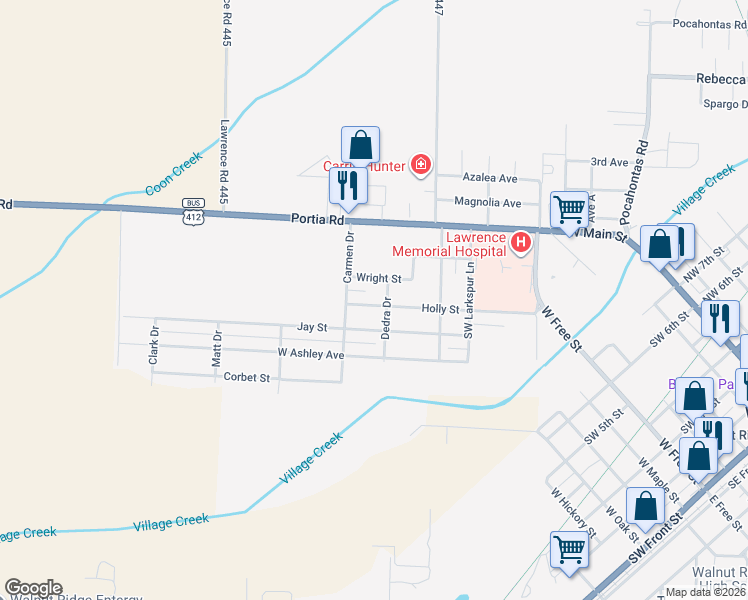 map of restaurants, bars, coffee shops, grocery stores, and more near 300 Dedra Drive in Walnut Ridge
