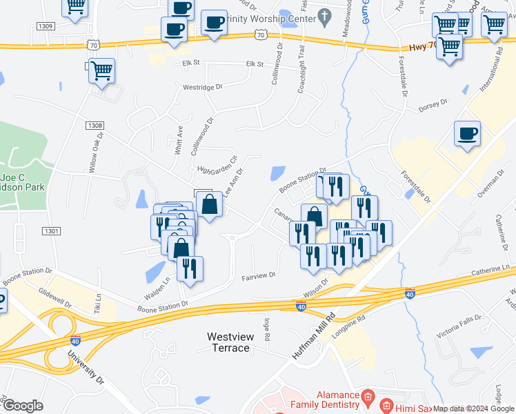 map of restaurants, bars, coffee shops, grocery stores, and more near 793 Boone Station Drive in Burlington