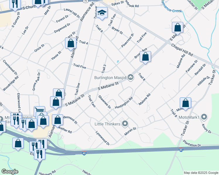 map of restaurants, bars, coffee shops, grocery stores, and more near 2016 South Mebane Street in Burlington