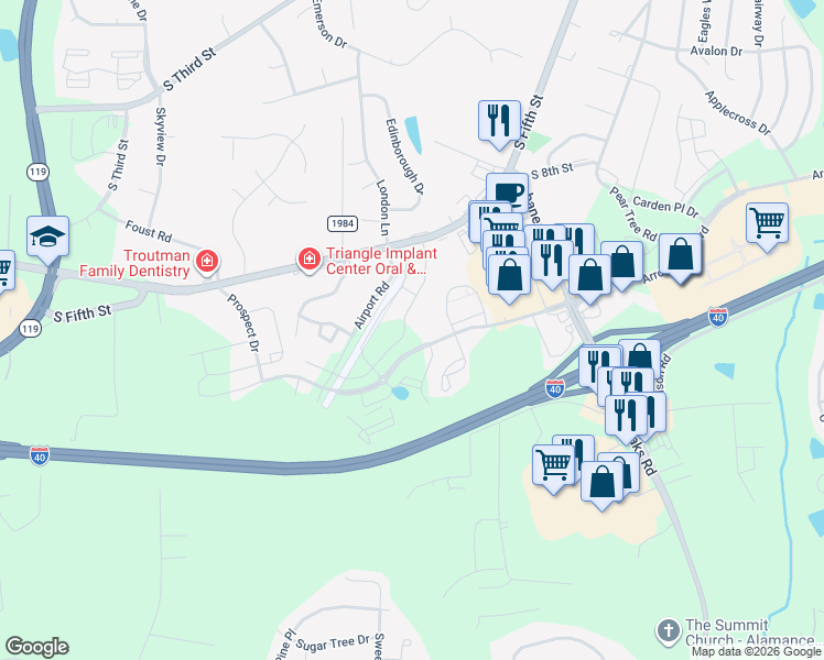 map of restaurants, bars, coffee shops, grocery stores, and more near 1032 Mebane Airport Road in Mebane