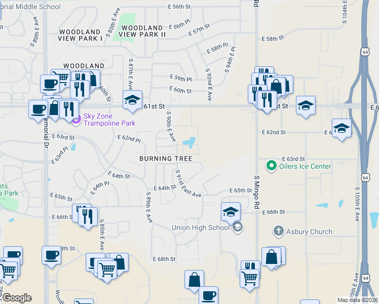 map of restaurants, bars, coffee shops, grocery stores, and more near 6333 South 91st East Avenue in Tulsa