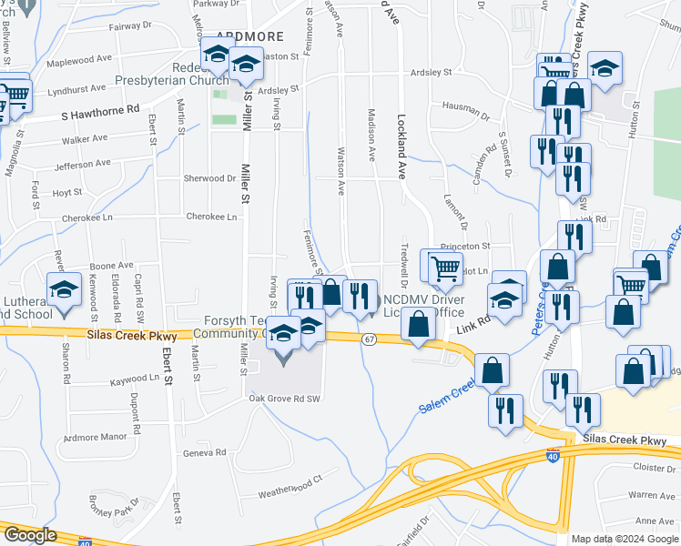 map of restaurants, bars, coffee shops, grocery stores, and more near 1300 Watson Avenue in Winston Salem