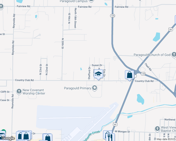 map of restaurants, bars, coffee shops, grocery stores, and more near 1300 Stafford Drive in Paragould