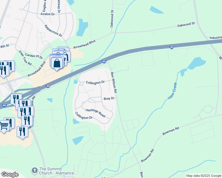 map of restaurants, bars, coffee shops, grocery stores, and more near 211 Norwood Court South in Mebane
