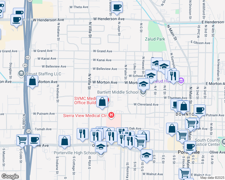 map of restaurants, bars, coffee shops, grocery stores, and more near 345 Pearson Drive in Porterville