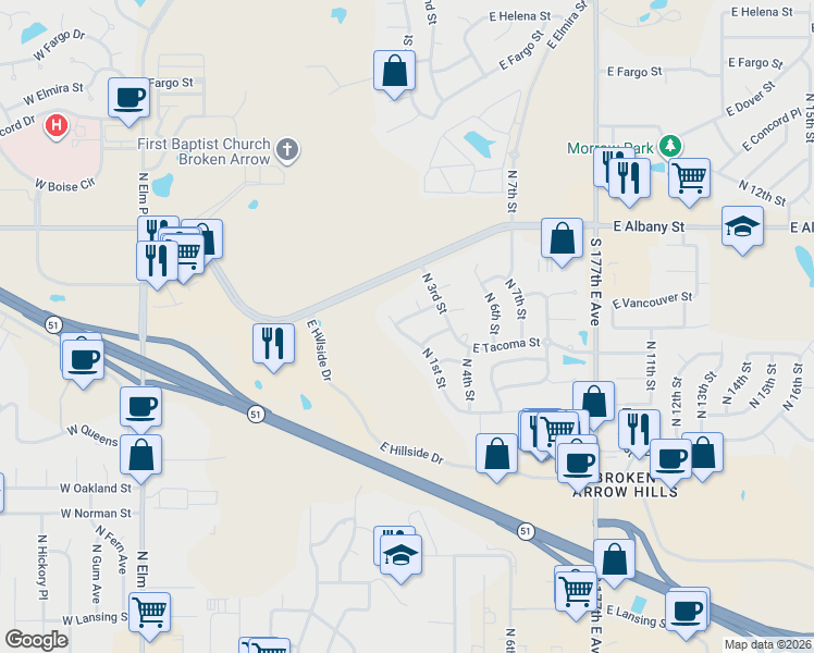map of restaurants, bars, coffee shops, grocery stores, and more near 2004 North 1st Street in Broken Arrow