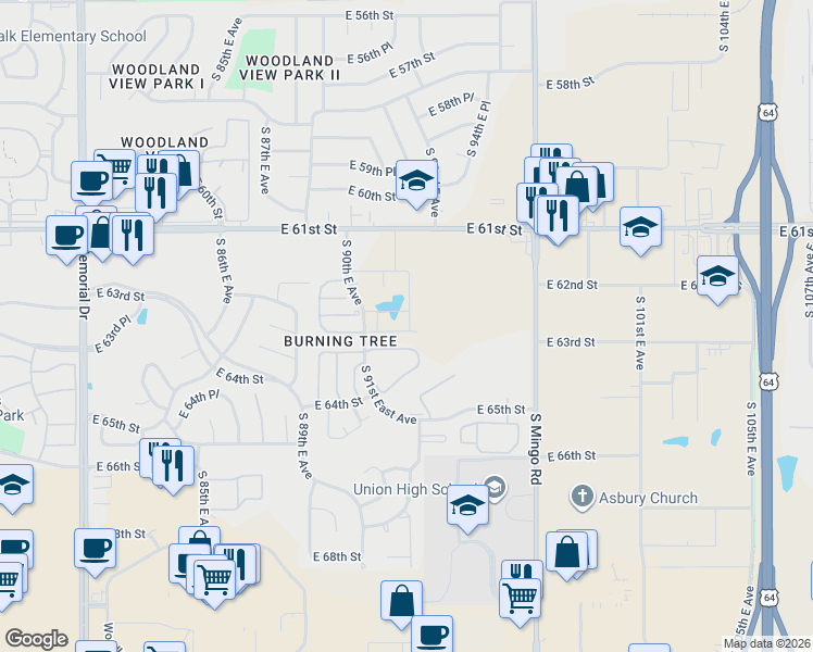 map of restaurants, bars, coffee shops, grocery stores, and more near 6333 South 91st East Avenue in Tulsa
