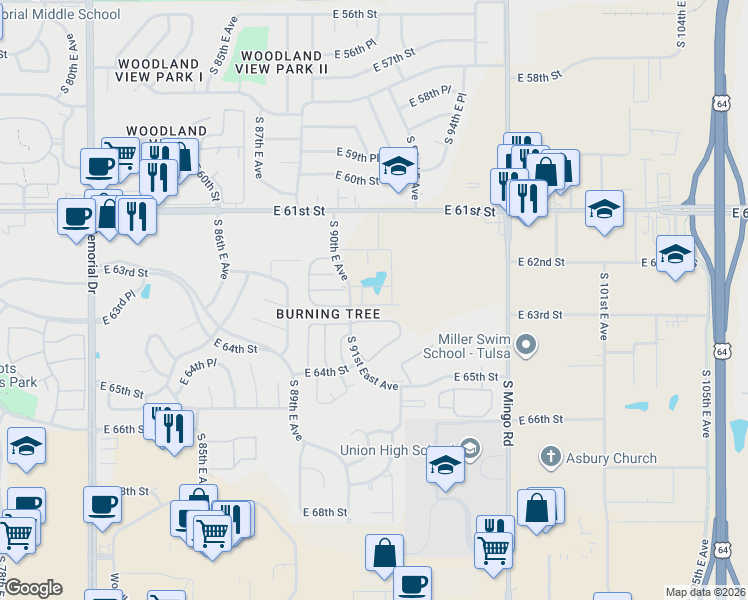 map of restaurants, bars, coffee shops, grocery stores, and more near 6333 South 91st East Avenue in Tulsa