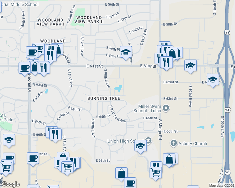 map of restaurants, bars, coffee shops, grocery stores, and more near 6333 South 91st East Avenue in Tulsa