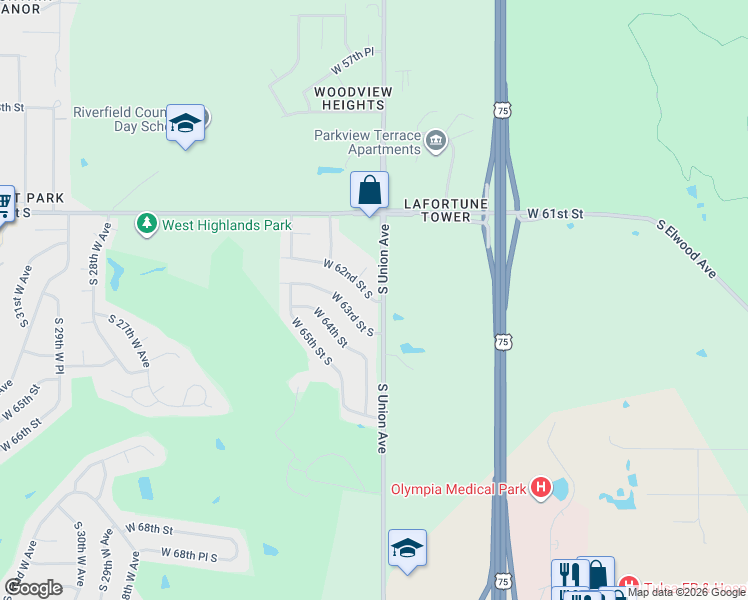 map of restaurants, bars, coffee shops, grocery stores, and more near 1702 West 62nd Street in Tulsa