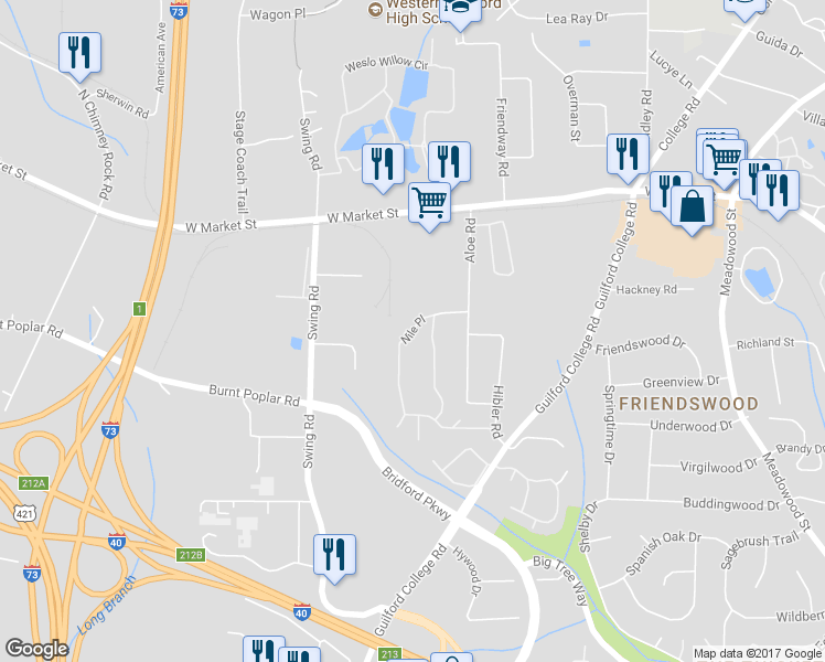 map of restaurants, bars, coffee shops, grocery stores, and more near 6215 Nile Place in Greensboro
