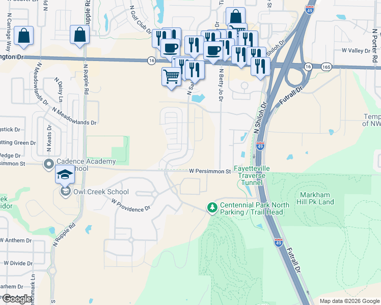 map of restaurants, bars, coffee shops, grocery stores, and more near 554 North Salem Road in Fayetteville