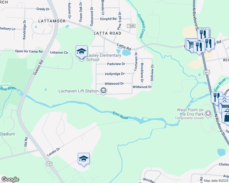 map of restaurants, bars, coffee shops, grocery stores, and more near 522 Wanda Ridge Drive in Durham