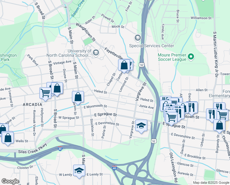 map of restaurants, bars, coffee shops, grocery stores, and more near 213 Haled Street in Winston-Salem